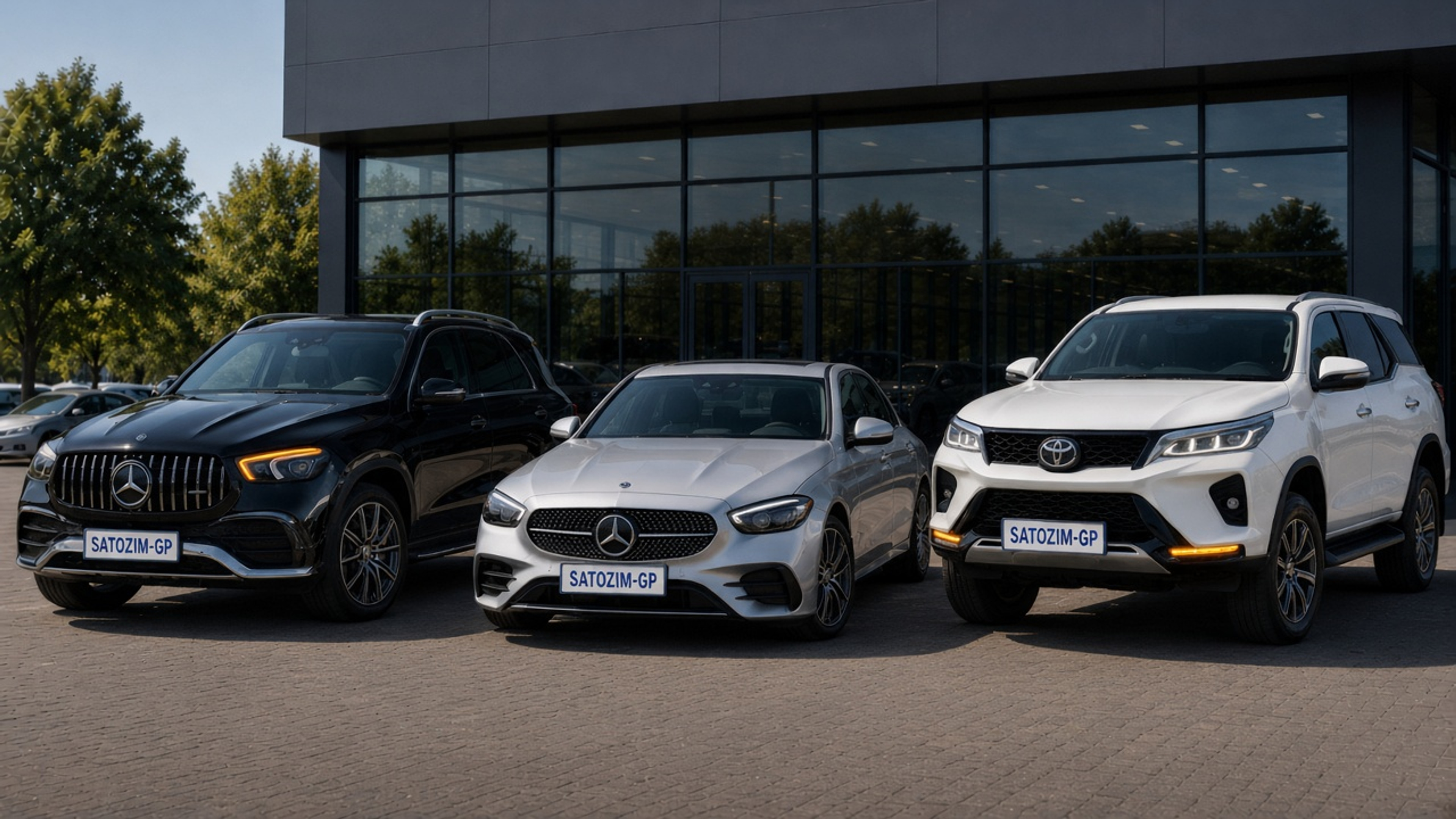 SATOZIM Logistics dealership forecourt with black Mercedes SUV, silver Mercedes sedan and white Toyota Fortuner